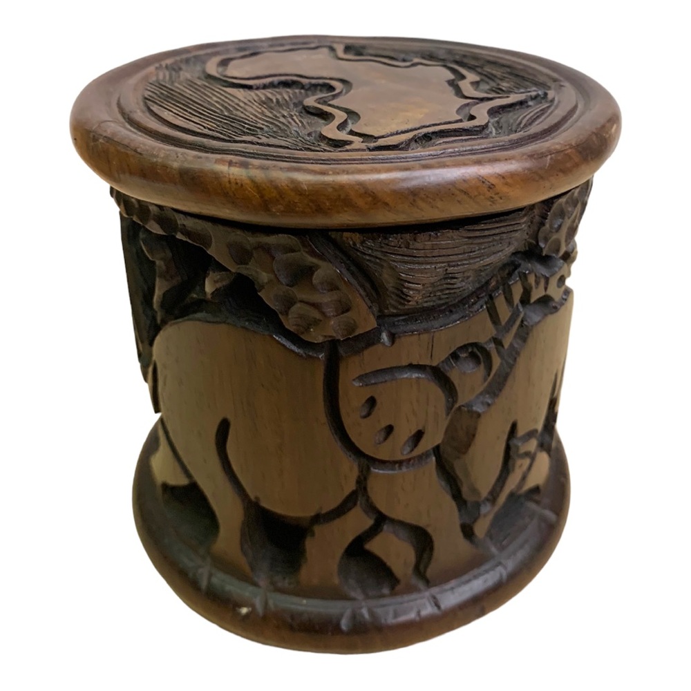 Artisan Africa Asian Hand Carved Elephant Wood 6 Coasters & Canister with Lid